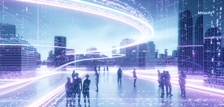 Digital innovation lab illustration showing AI-driven engineering, application development, and product design workflows at Miracify